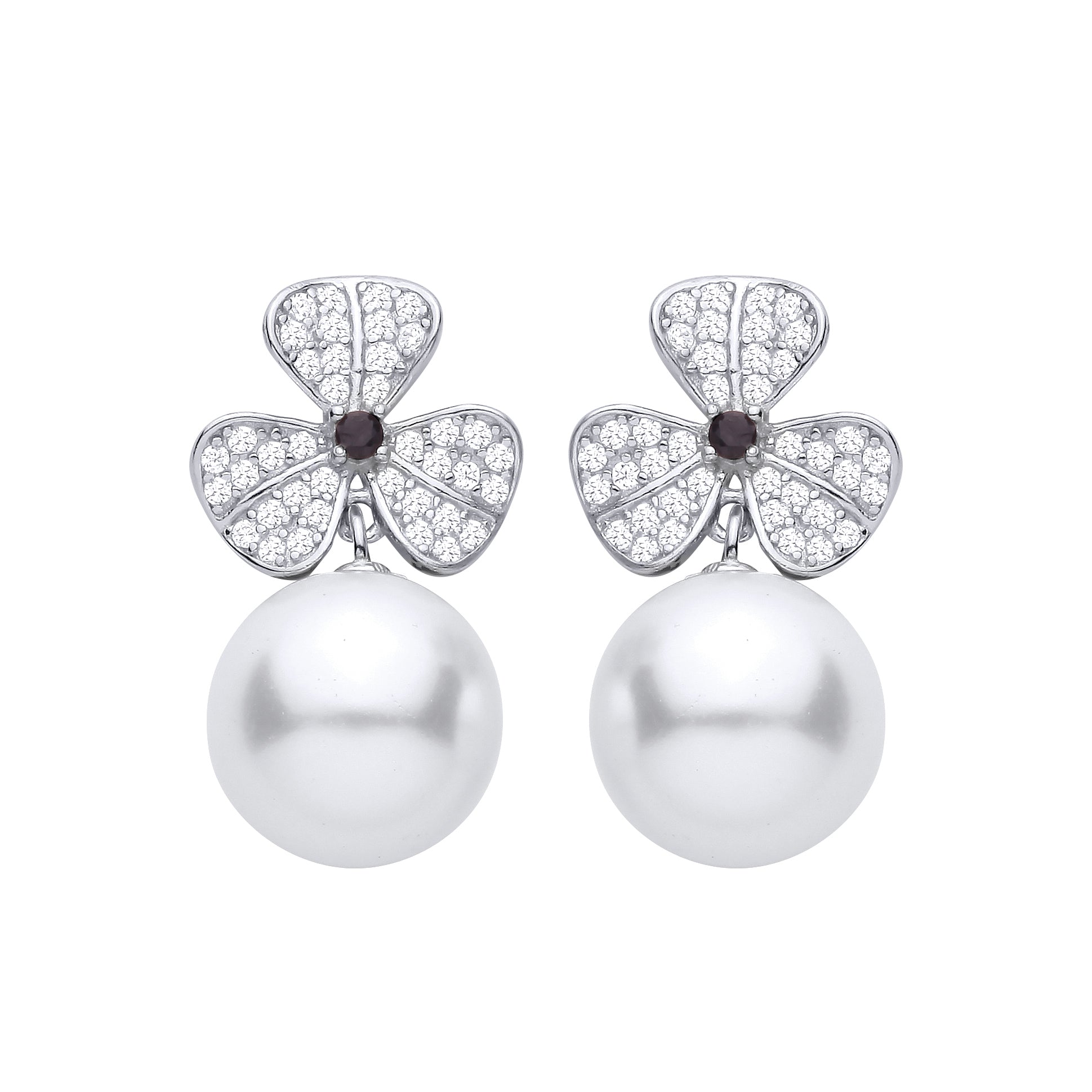 Silver  Purple Pearl CZ 3 Leaf Clover Spherical Drop Earrings - EAG1469