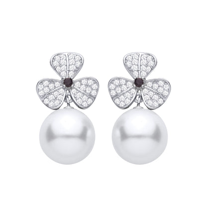 Silver  Purple Pearl CZ 3 Leaf Clover Spherical Drop Earrings - EAG1469