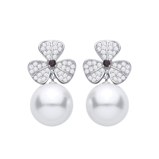 Silver  CZ 3 Leaf Clover Freshwater Pearl Drop Earrings - EAG1469
