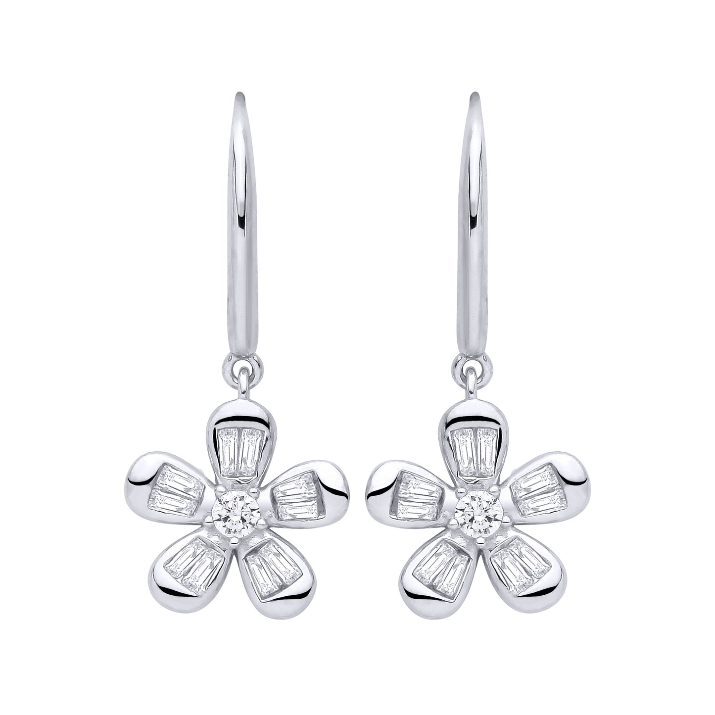 Silver  Baguette CZ Daisy Flower Cluster Drop Earrings - EAG1471