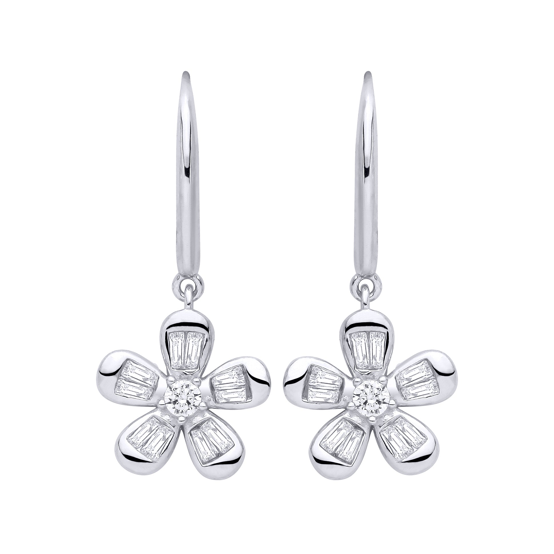 Silver  Baguette CZ Daisy Flower Cluster Drop Earrings - EAG1471