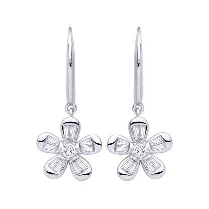 Silver  Baguette CZ Daisy Flower Cluster Drop Earrings - EAG1471