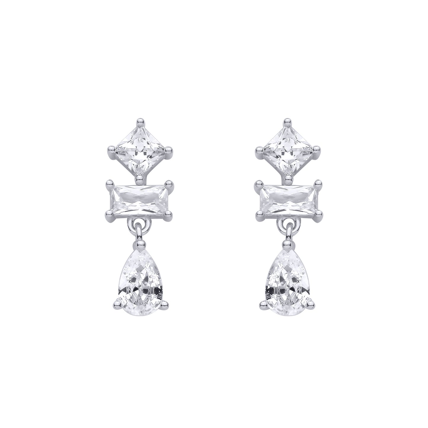 Silver  Pear & Princess CZ Geometric Mashup Trilogy Drop Earrings - EAG1472