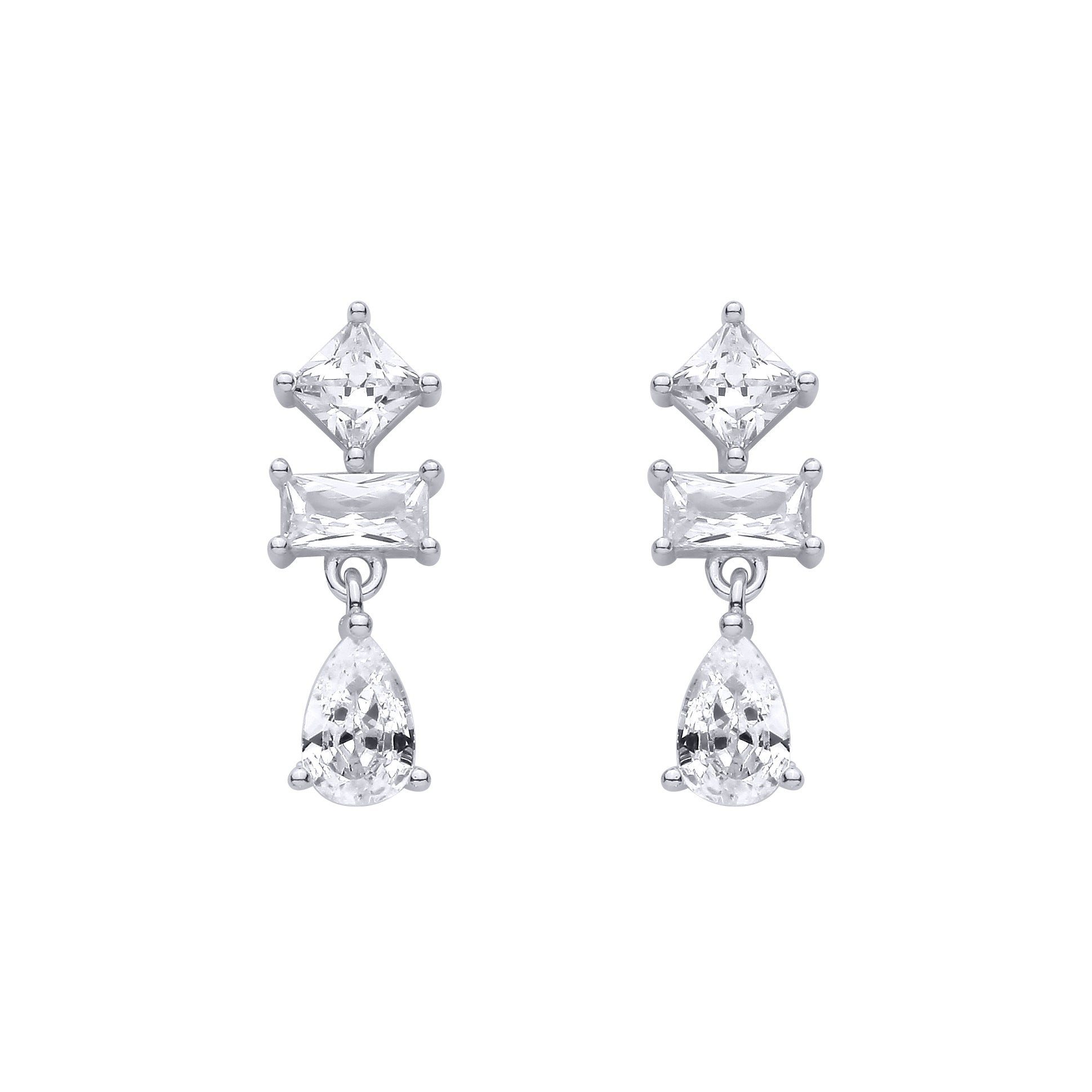 Silver  Pear & Princess CZ Geometric Mashup Trilogy Drop Earrings - EAG1472