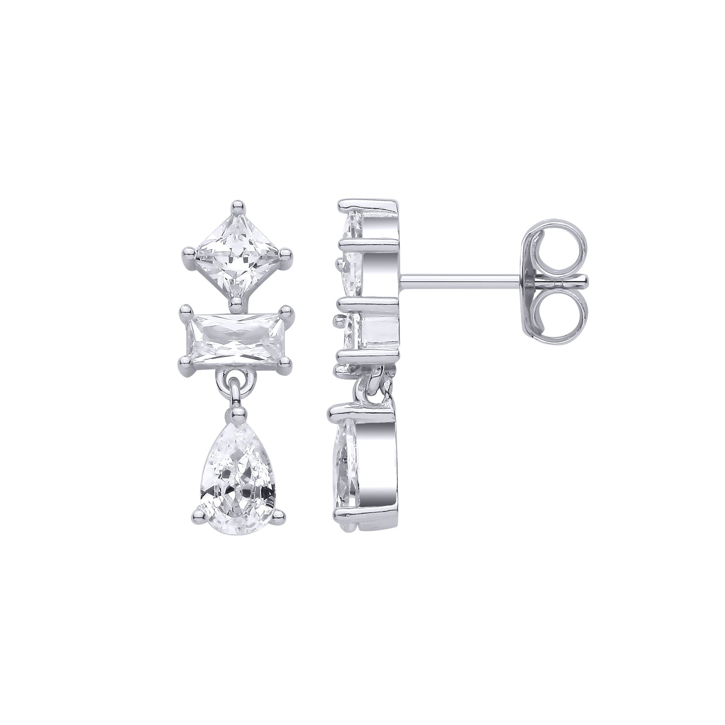 Silver  Pear & Princess CZ Geometric Mashup Trilogy Drop Earrings - EAG1472