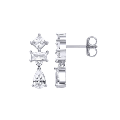 Silver  Pear & Princess CZ Geometric Mashup Trilogy Drop Earrings - EAG1472