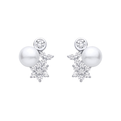 Silver  CZ Cluster & Freshwater Pearl Stud Earrings - EAG1473