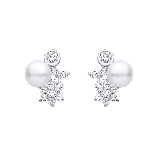 Silver  CZ Cluster & Freshwater Pearl Stud Earrings - EAG1473