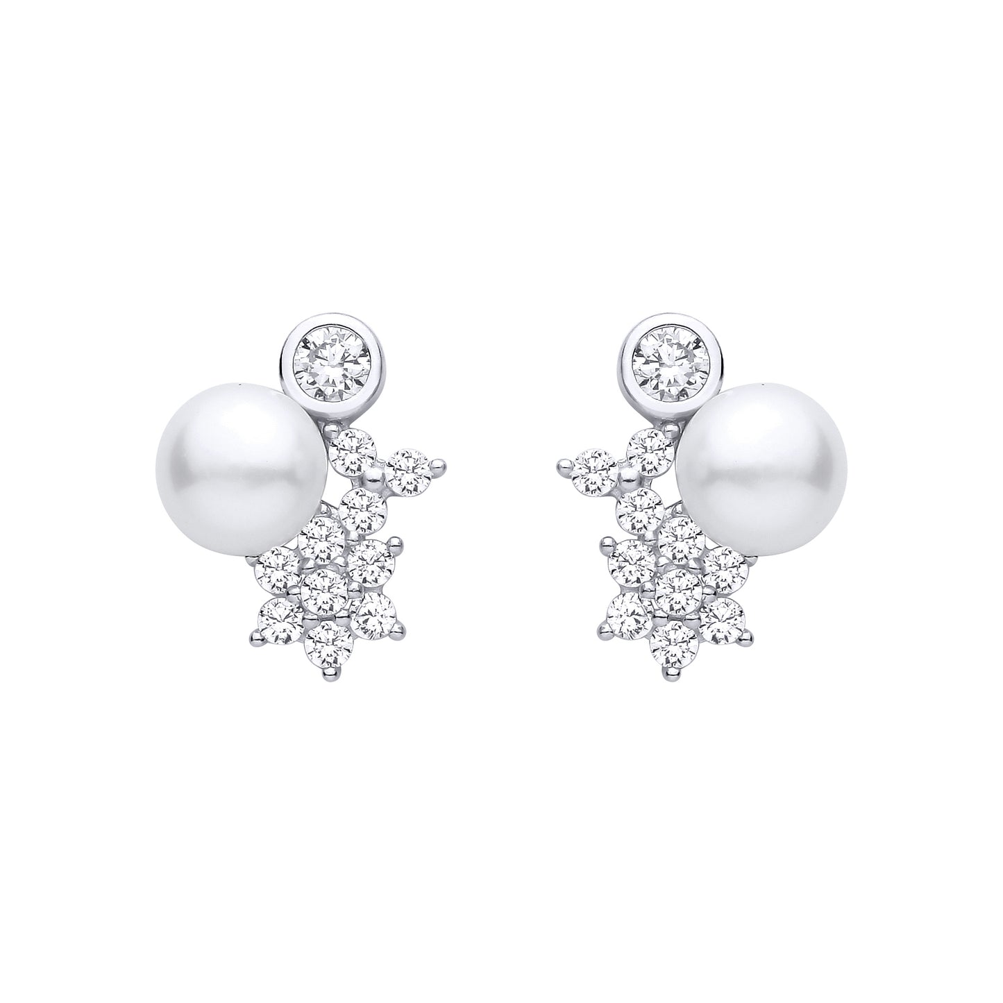 Silver  Pearl & CZ Moon Planet & Stars Cluster Drop Earrings - EAG1473