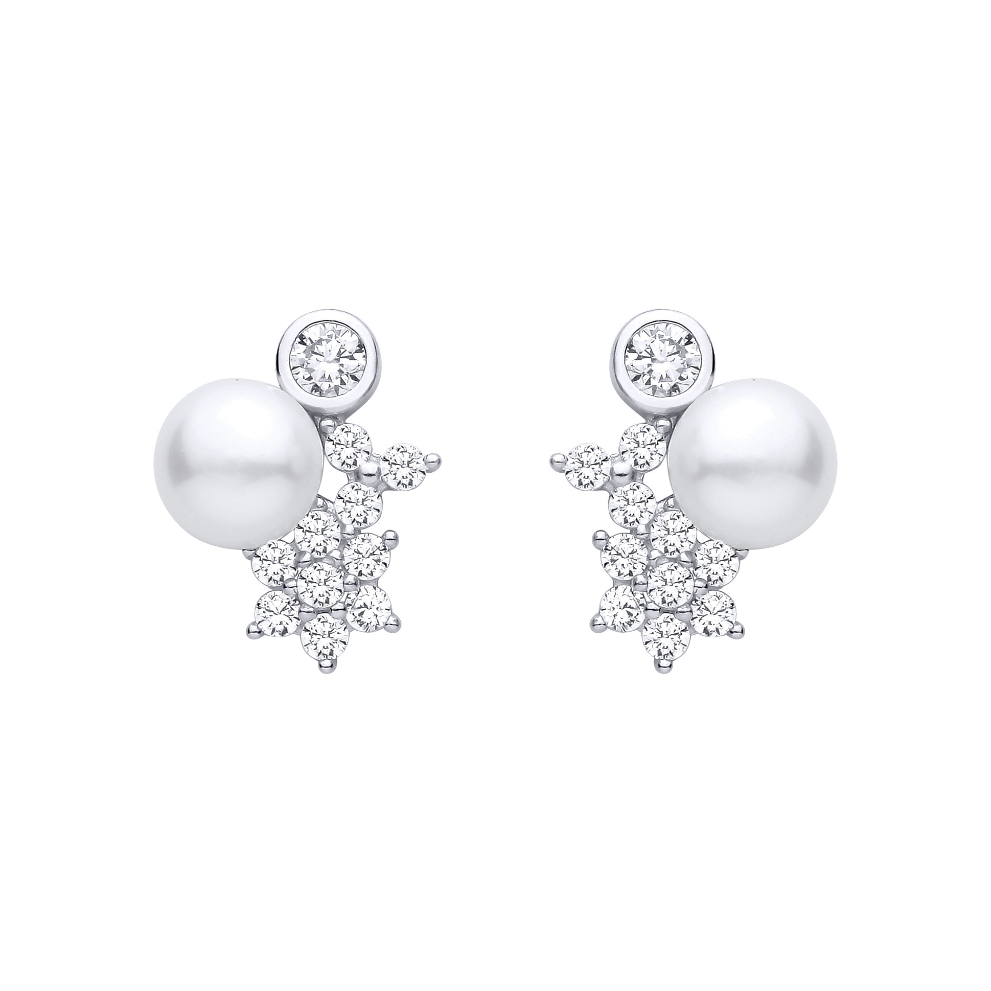 Silver  Pearl & CZ Moon Planet & Stars Cluster Drop Earrings - EAG1473