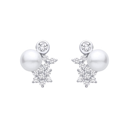 Silver  Pearl & CZ Moon Planet & Stars Cluster Drop Earrings - EAG1473