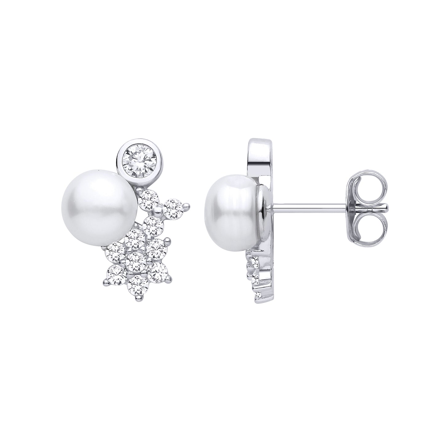 Silver  CZ Cluster & Freshwater Pearl Stud Earrings - EAG1473