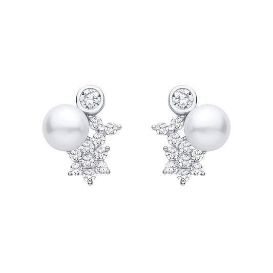 Silver  CZ Cluster & Freshwater Pearl Stud Earrings - EAG1473