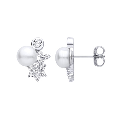 Silver  Pearl & CZ Moon Planet & Stars Cluster Drop Earrings - EAG1473