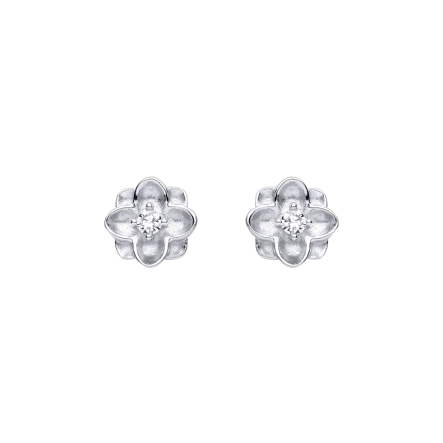 Silver  CZ Matte Concaved Square Flower Clover Stud Earrings - EAG1475
