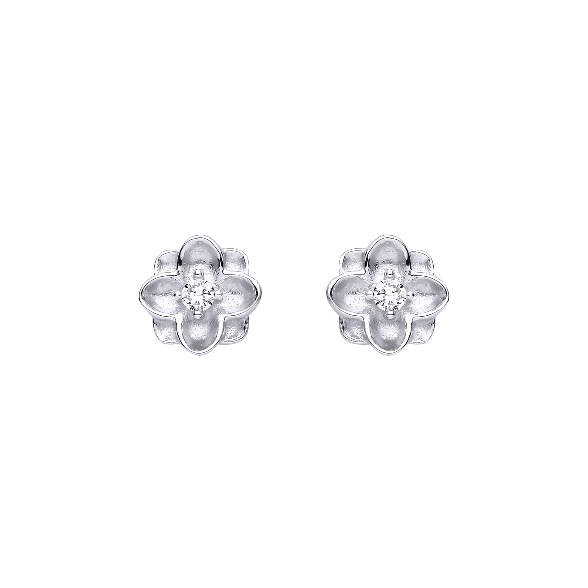 Silver  CZ Matte Concaved Square Flower Clover Stud Earrings - EAG1475