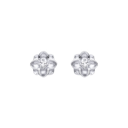 Silver  CZ Matte Concaved Square Flower Clover Stud Earrings - EAG1475