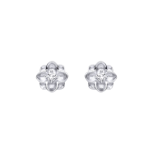 Silver  CZ Matte Concaved Square Flower Clover Stud Earrings - EAG1475
