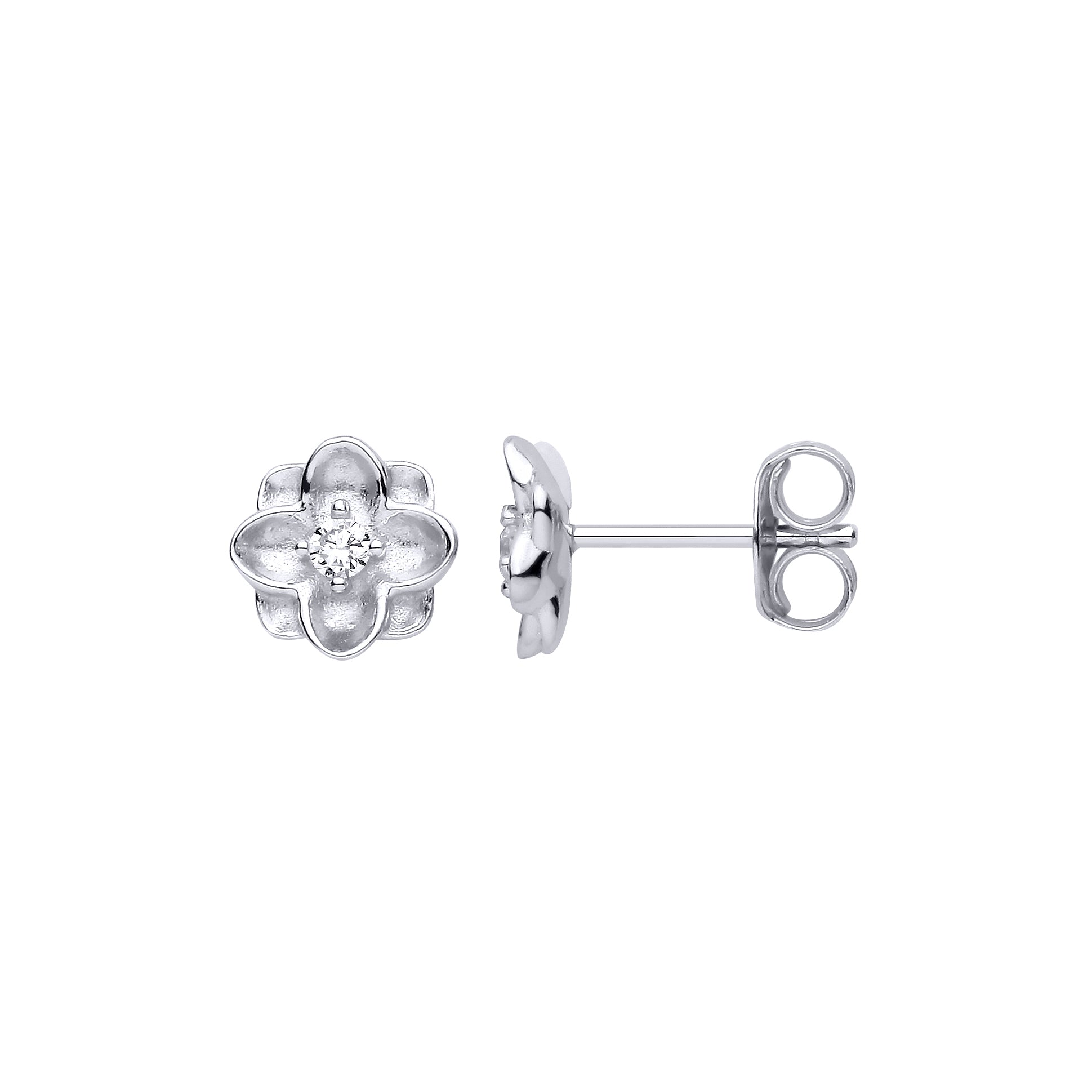Silver  CZ Matte Concaved Square Flower Clover Stud Earrings - EAG1475