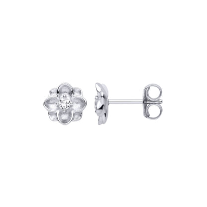 Silver  CZ Matte Concaved Square Flower Clover Stud Earrings - EAG1475