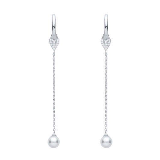 Silver  CZ Heart & Freshwater Pearl Chain Drop Earrings - EAG1476