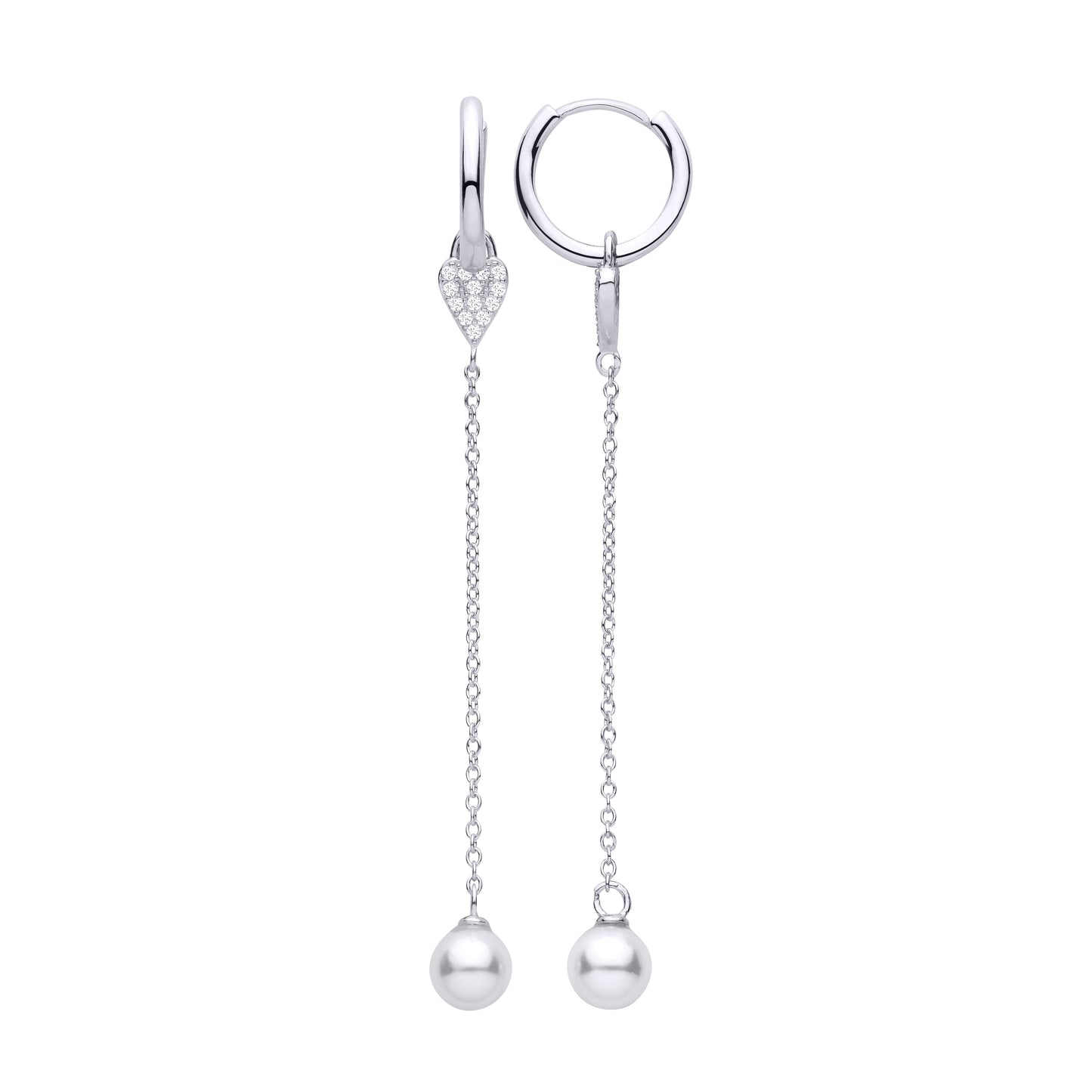 Silver  Pearl CZ Full Moon Heart Huggie Hoop Drop Earrings - EAG1476