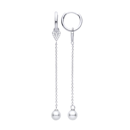 Silver  Pearl CZ Full Moon Heart Huggie Hoop Drop Earrings - EAG1476