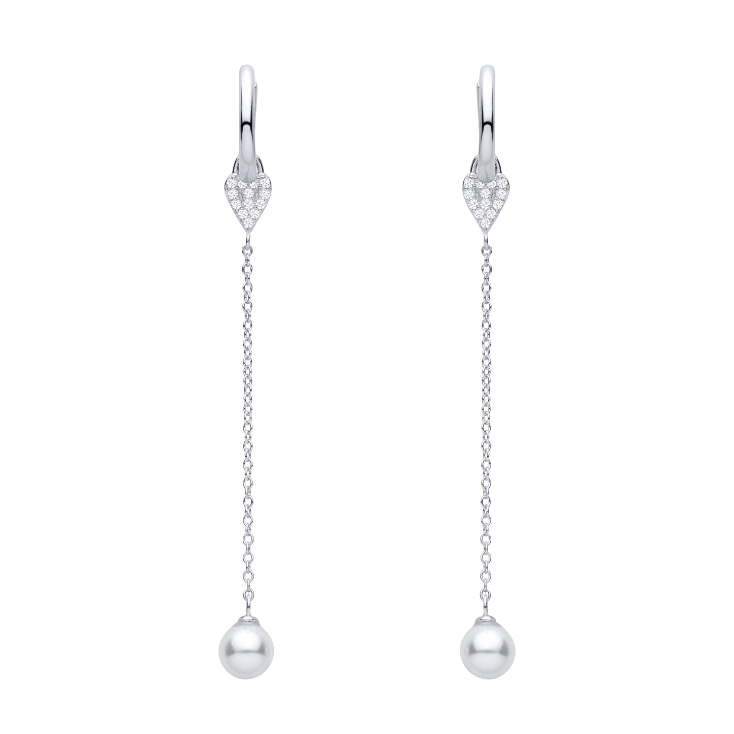 Silver  Pearl CZ Full Moon Heart Huggie Hoop Drop Earrings - EAG1476