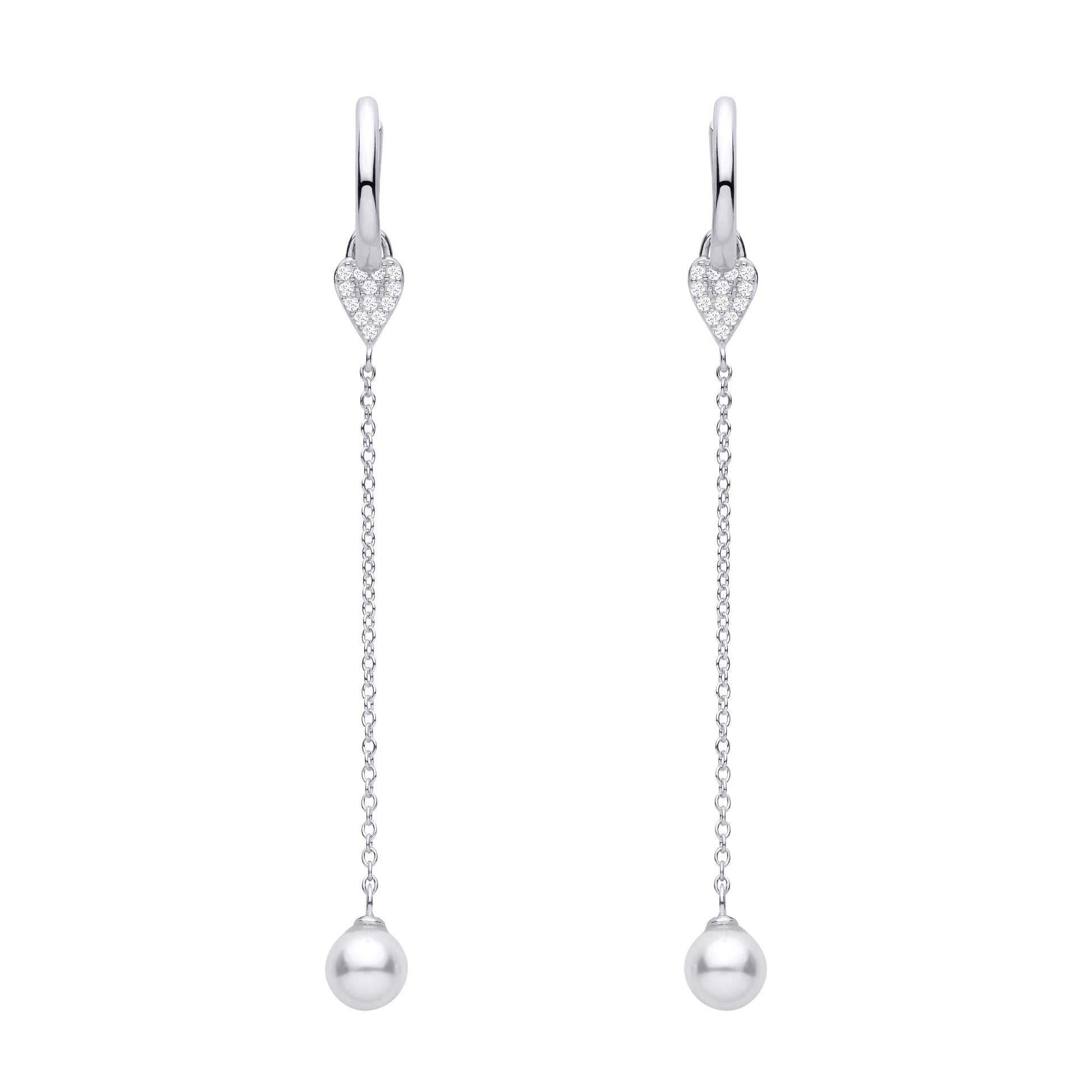 Silver  Pearl CZ Full Moon Heart Huggie Hoop Drop Earrings - EAG1476
