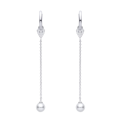 Silver  Pearl CZ Full Moon Heart Huggie Hoop Drop Earrings - EAG1476