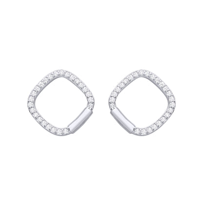 Silver  CZ Soft Cornered Square Cushion Halo Kite Drop Earrings - EAG1477