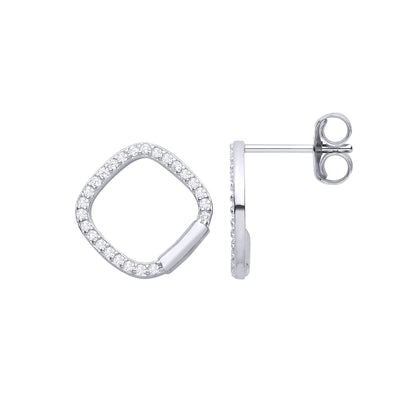 Silver  CZ Soft Cornered Square Cushion Halo Kite Drop Earrings - EAG1477