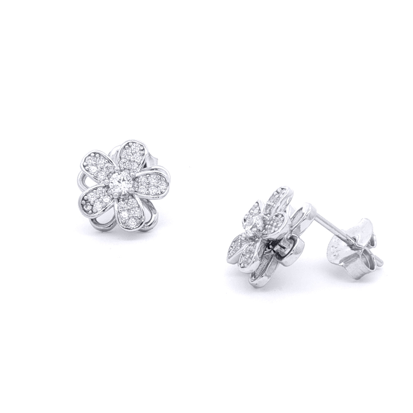 Silver  CZ Spinning Flower Windmill Stud Earrings - EAG1478