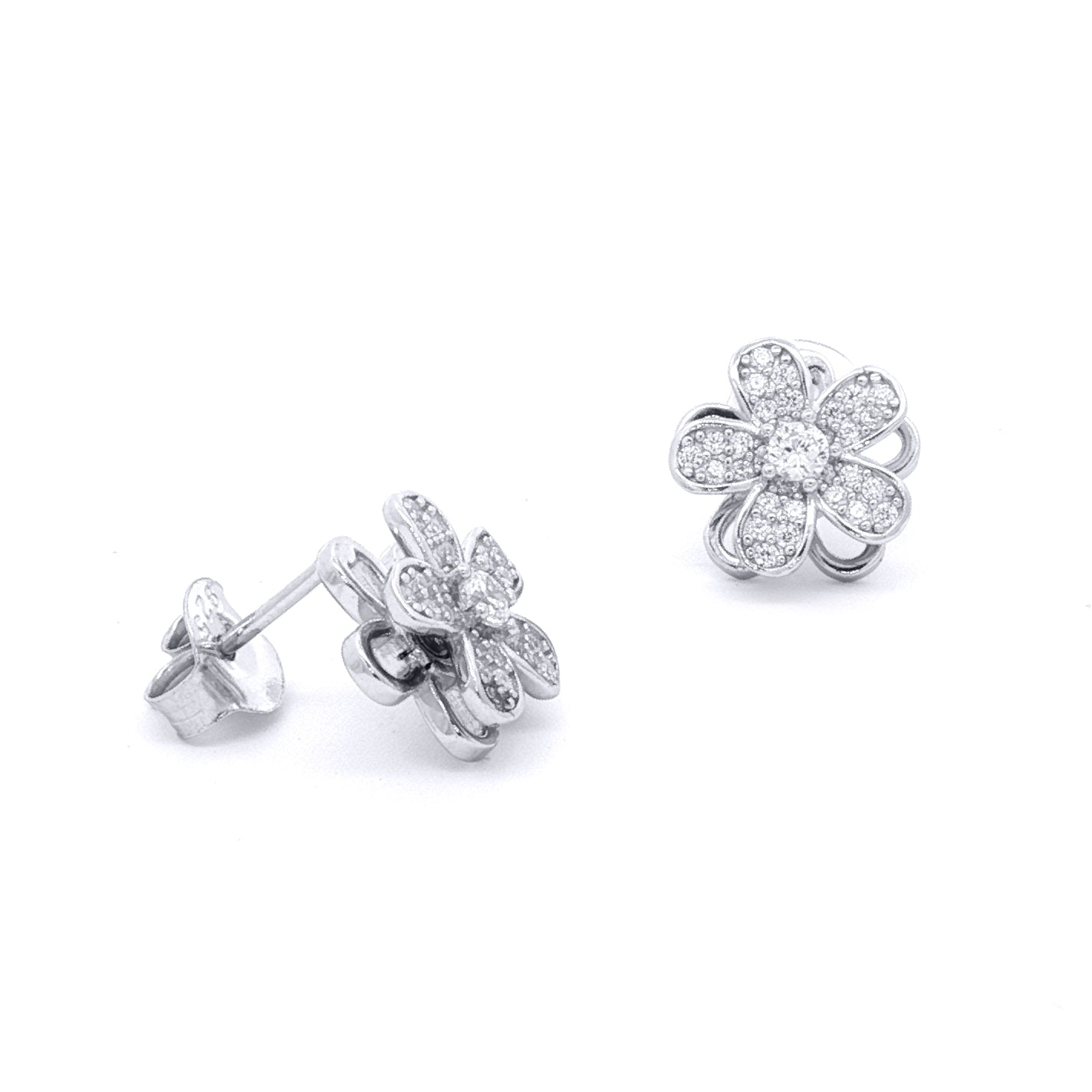 Silver  CZ Spinning Flower Windmill Stud Earrings - EAG1478