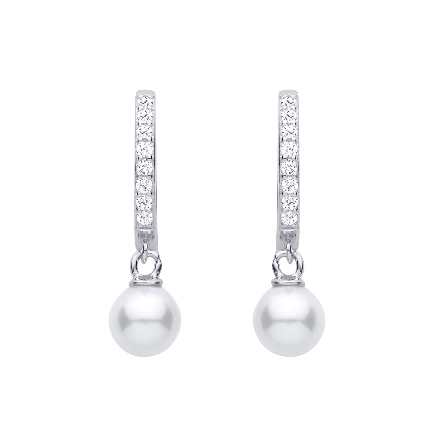 Silver  CZ Hoop Freshwater Pearl Drop Earrings - EAG1479