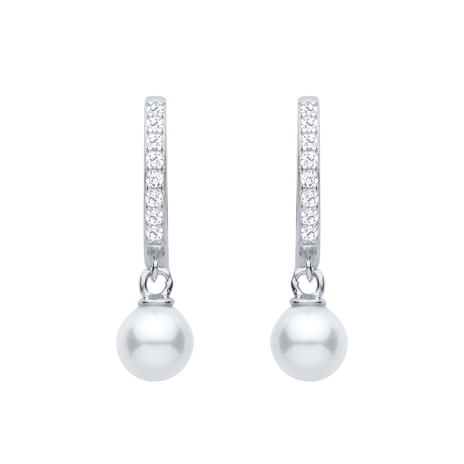 Silver  CZ Hoop Freshwater Pearl Drop Earrings - EAG1479