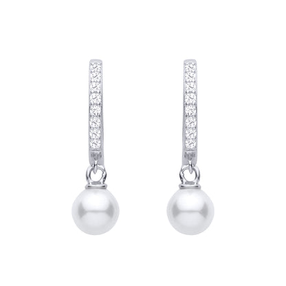 Silver  CZ Hoop Freshwater Pearl Drop Earrings - EAG1479