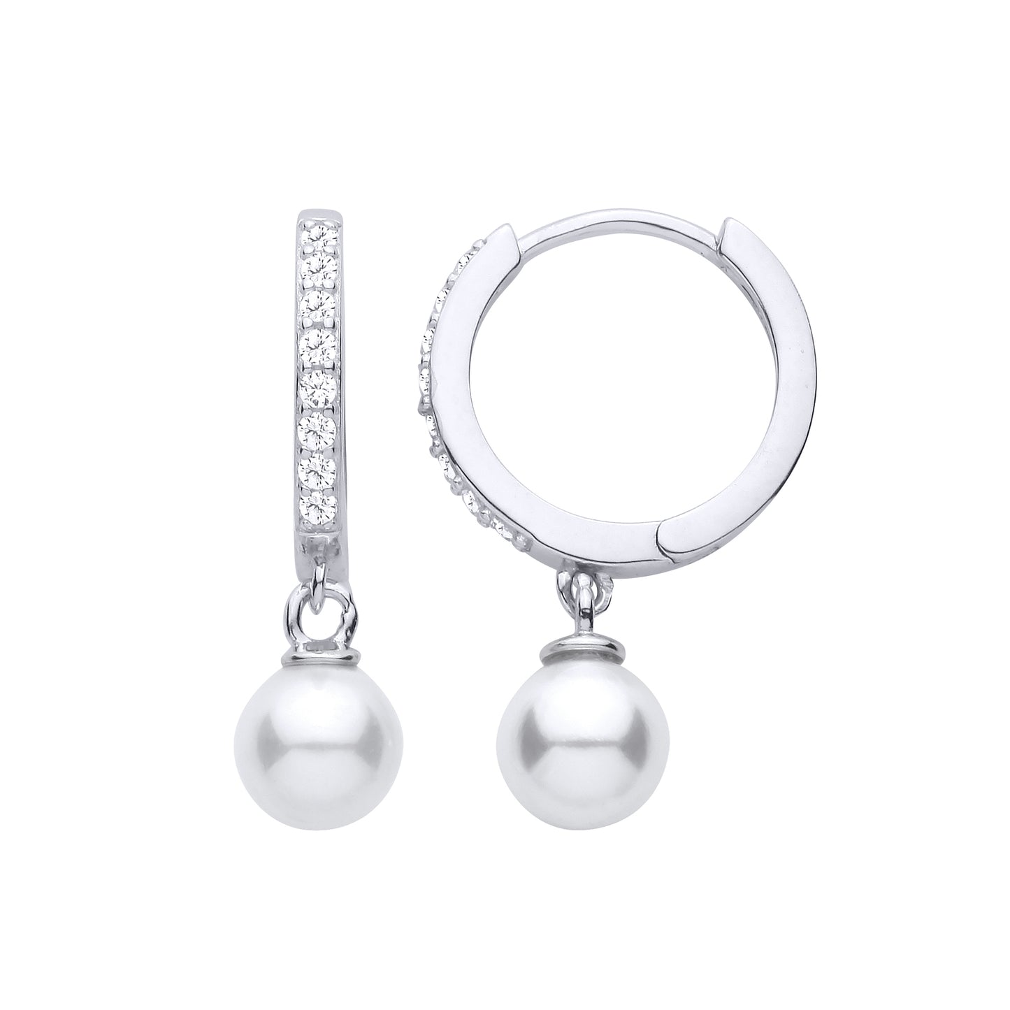 Silver  CZ Hoop Freshwater Pearl Drop Earrings - EAG1479