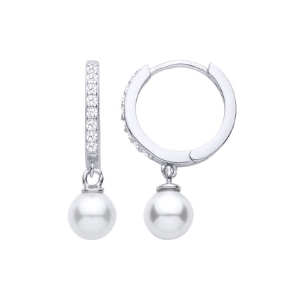 Silver  CZ Hoop Freshwater Pearl Drop Earrings - EAG1479