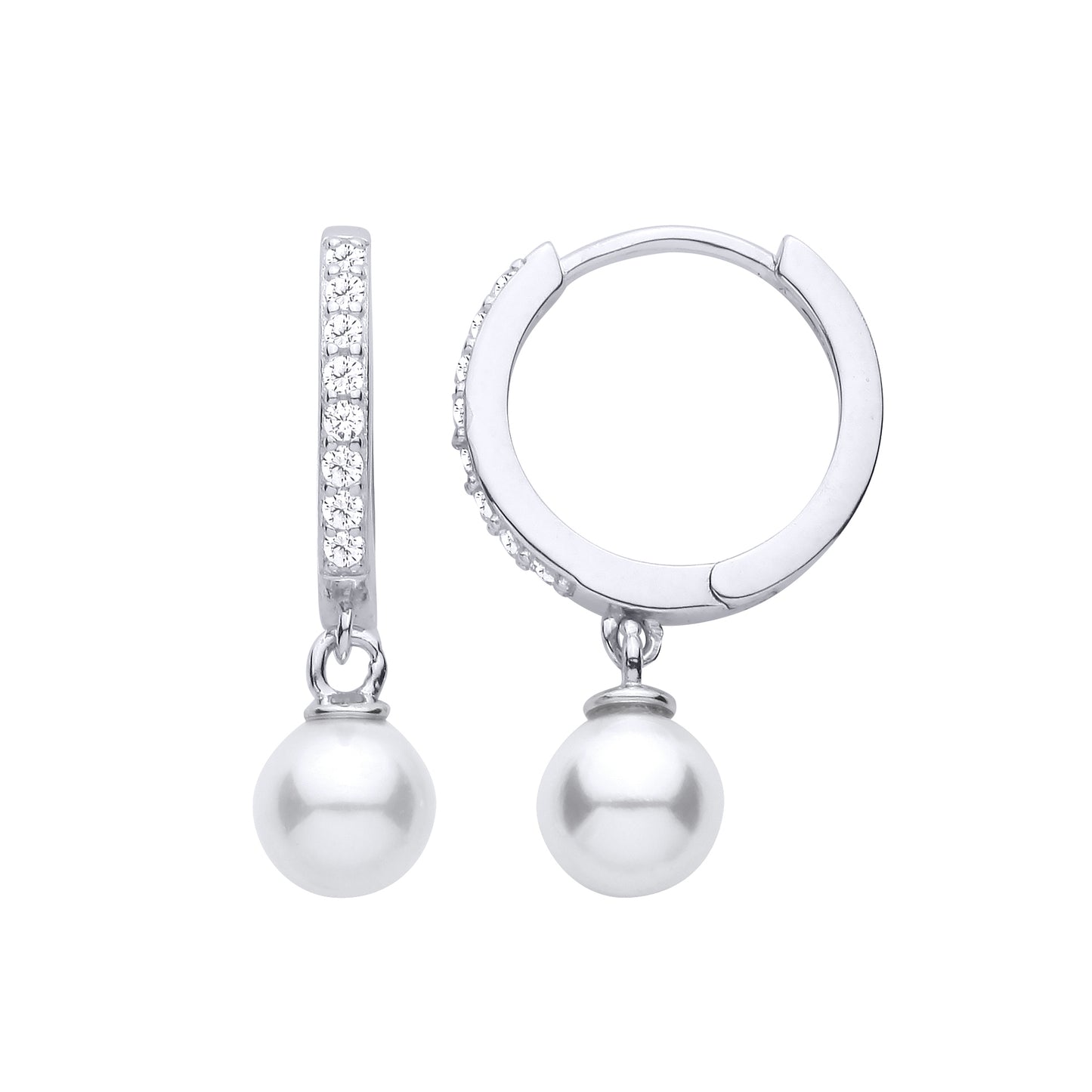 Silver  Pearl CZ Floating Charm Eternity Hoop Drop Earrings - EAG1479