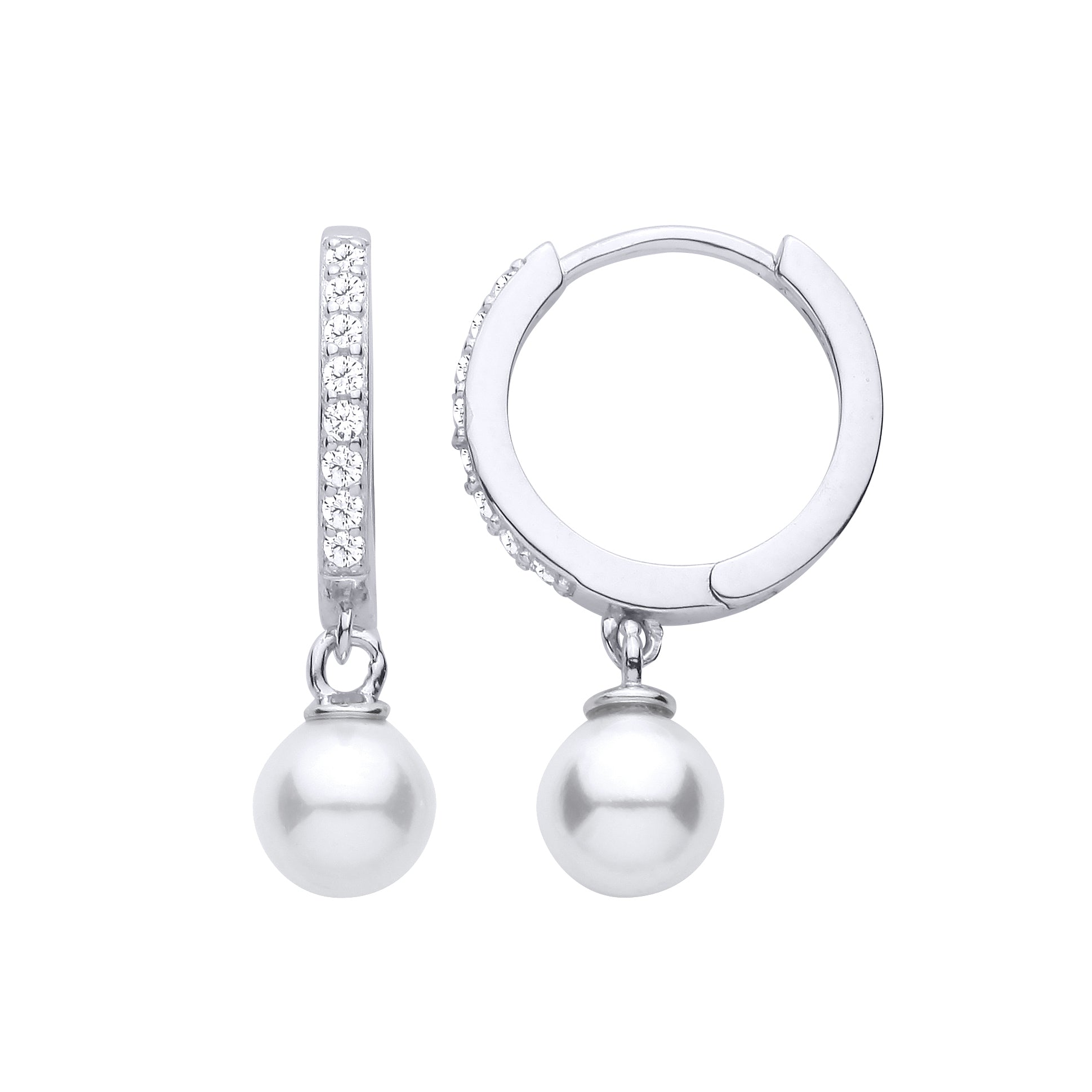Silver  Pearl CZ Floating Charm Eternity Hoop Drop Earrings - EAG1479