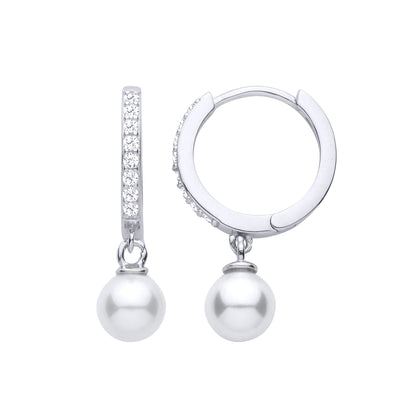 Silver  Pearl CZ Floating Charm Eternity Hoop Drop Earrings - EAG1479