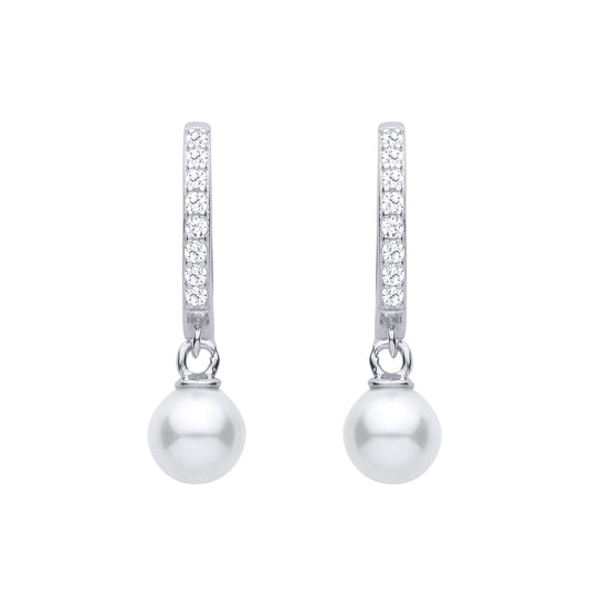 Silver  CZ Hoop Freshwater Pearl Drop Earrings - EAG1479
