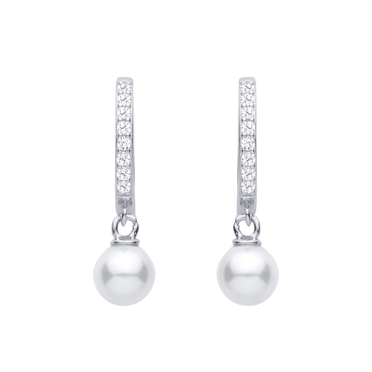Silver  Pearl CZ Floating Charm Eternity Hoop Drop Earrings - EAG1479