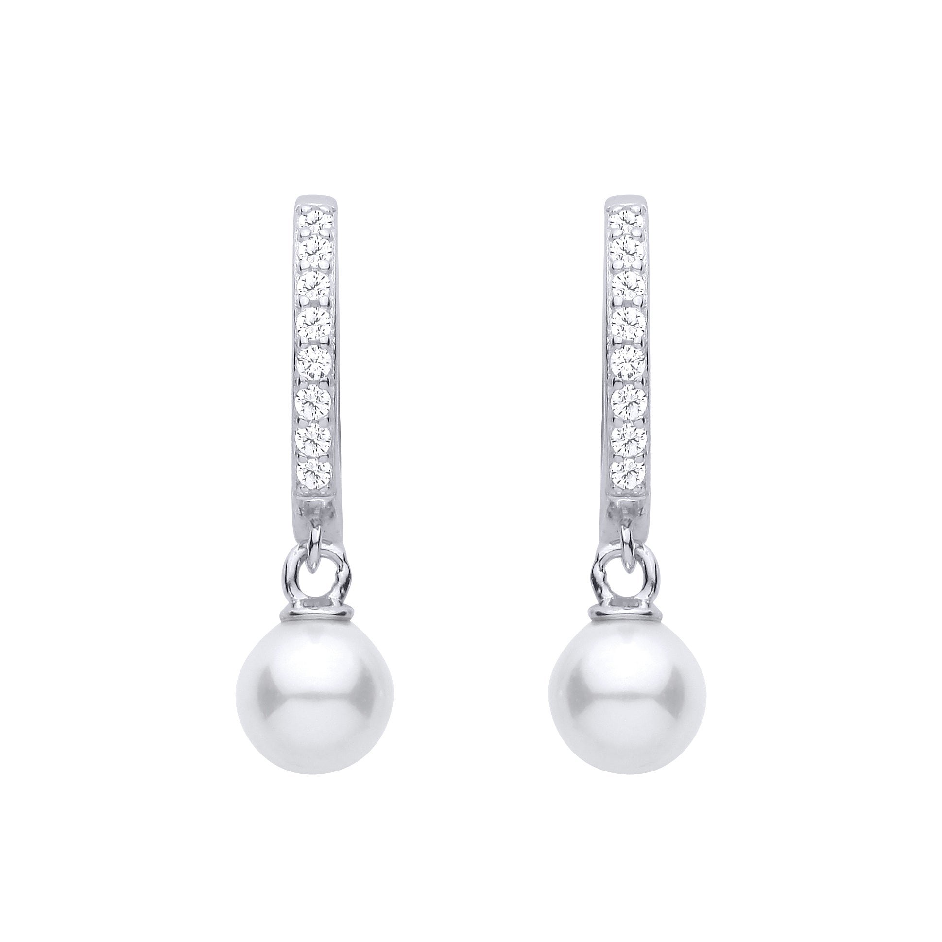 Silver  Pearl CZ Floating Charm Eternity Hoop Drop Earrings - EAG1479