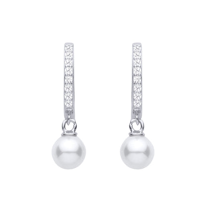 Silver  Pearl CZ Floating Charm Eternity Hoop Drop Earrings - EAG1479