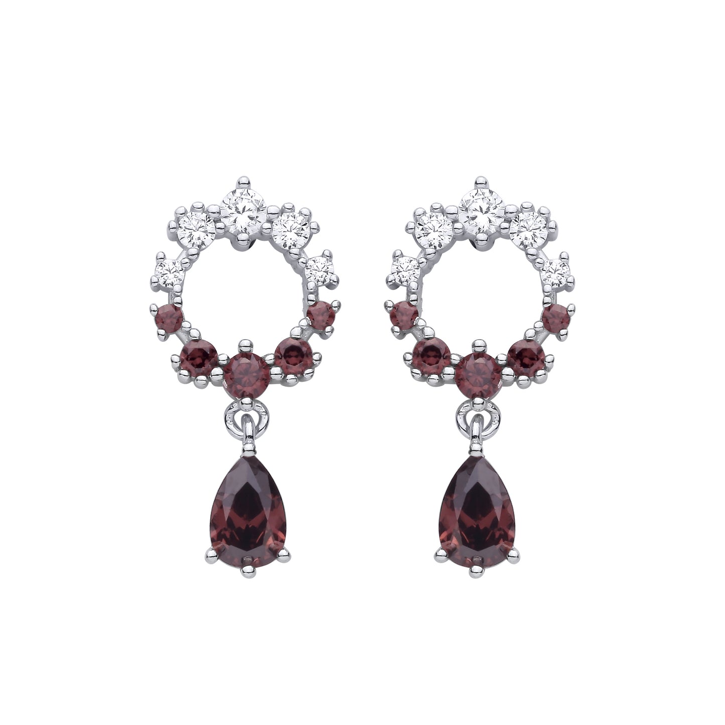 Silver  CZ & Smoky Topaz Circle Drop Dangle Earrings - EAG1481