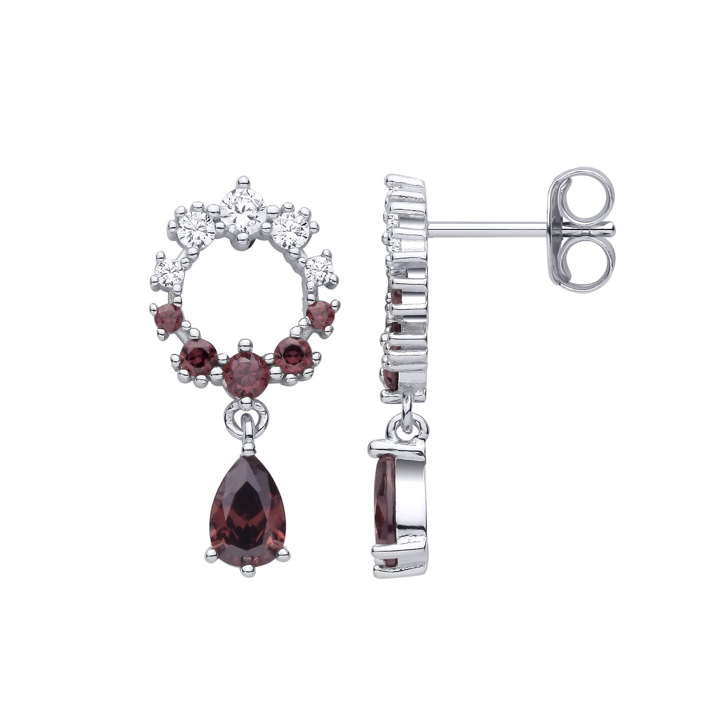 Silver  CZ & Smoky Topaz Circle Drop Dangle Earrings - EAG1481