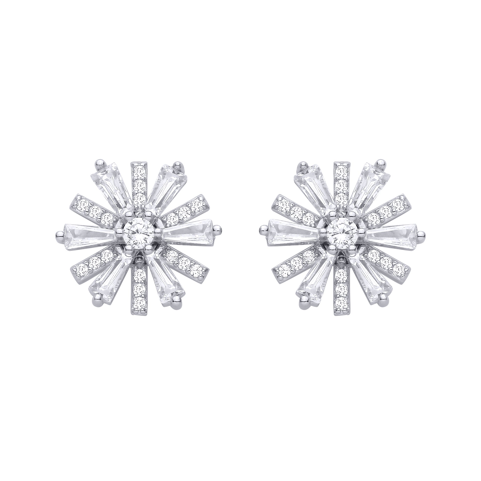 Silver  CZ Round & Baguette Spinning Flower Windmill Stud Earrings - EAG1483