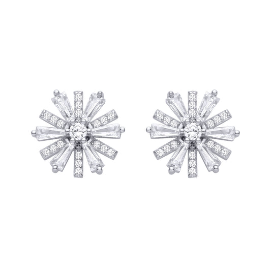 Silver  CZ Round & Baguette Spinning Flower Windmill Stud Earrings - EAG1483